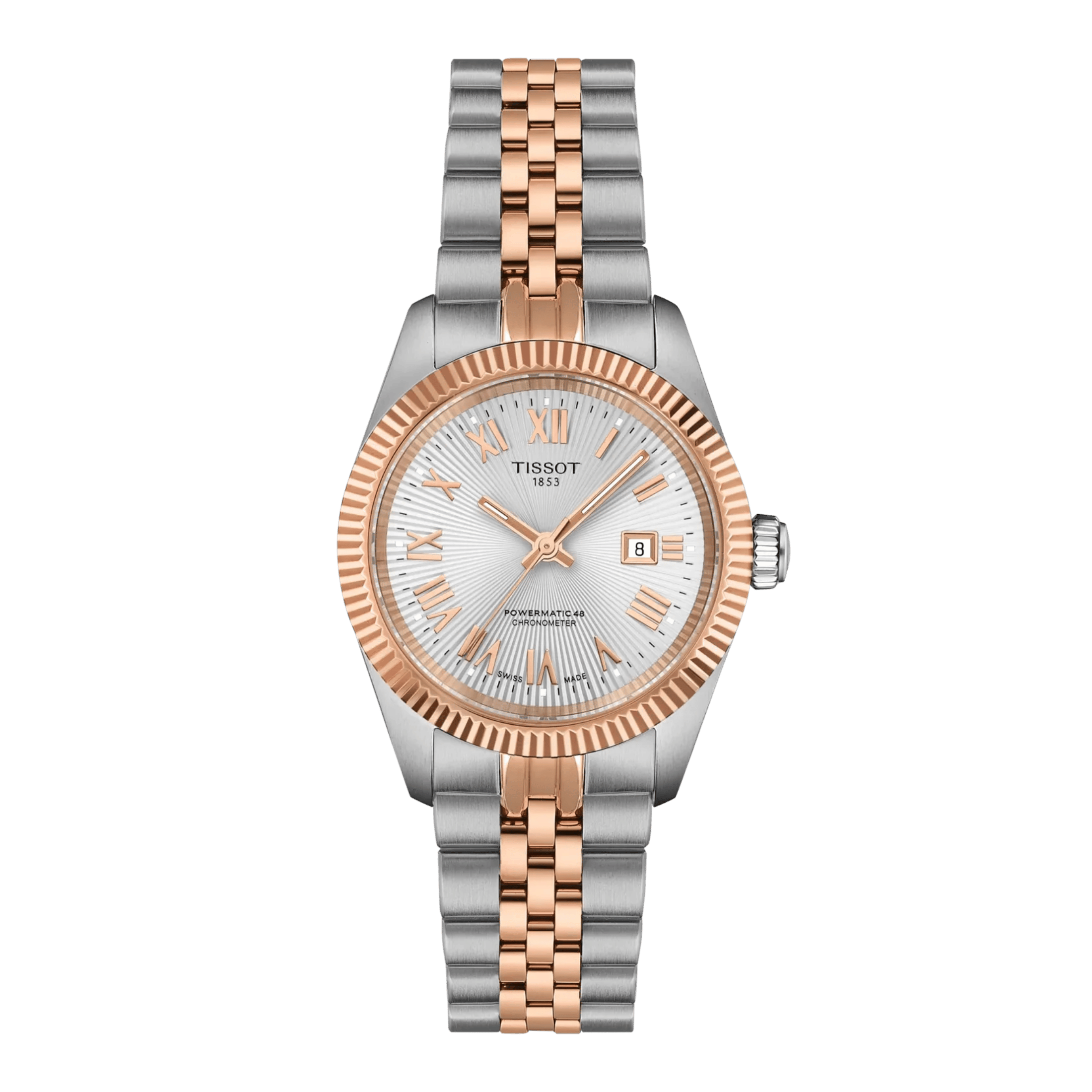 Montre Tissot Ballade Powermatic 48 COSC Bicolore PVD Or Rose automatique cadran argenté bracelet acier 30 mm