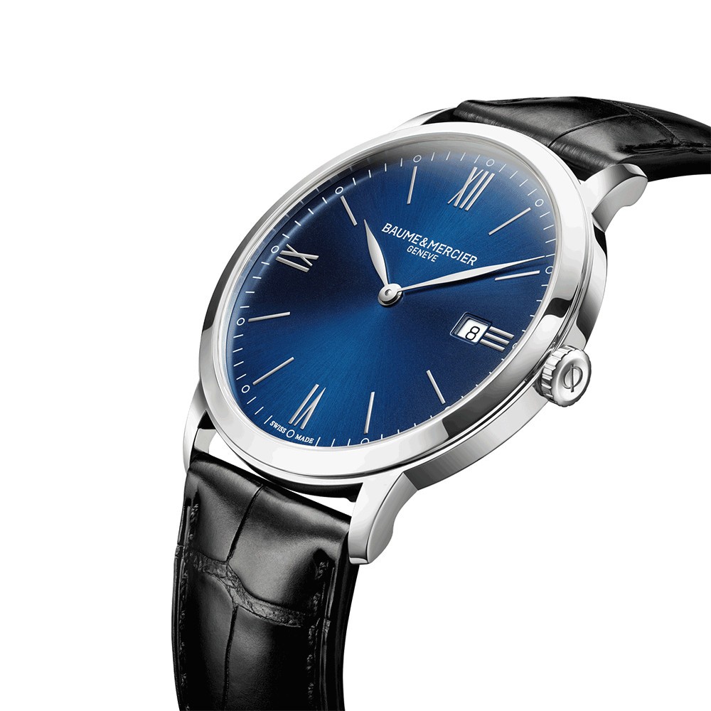 Montre Baume et Mercier Classima quartz cadran bleu bracelet cuir veau noir 40 mm