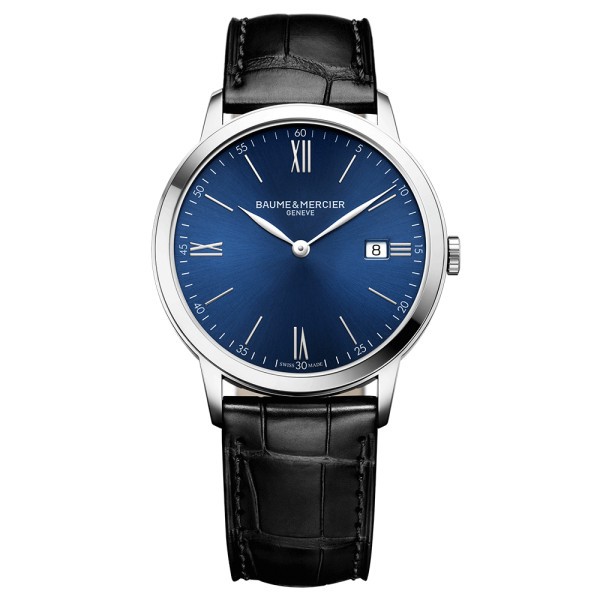 Montre Baume et Mercier Classima quartz cadran bleu bracelet cuir veau noir 40 mm 10324