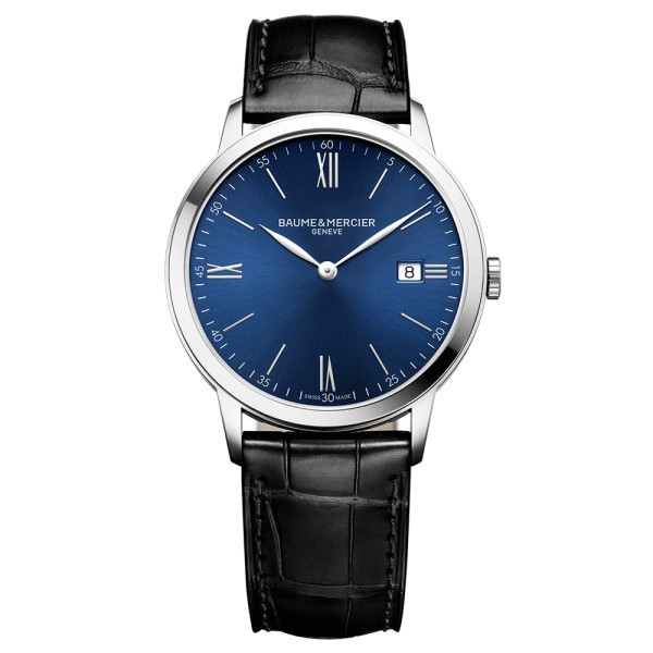 Montre Baume et Mercier Classima quartz cadran bleu bracelet cuir veau noir 40 mm