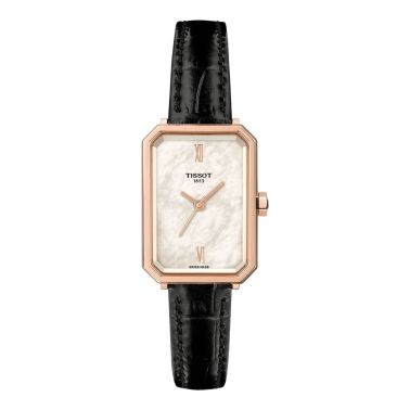 Montre Tissot SRV quartz PVD Or Rose cadran nacre blanche bracelet cuir noir 30 x 21,8 mm