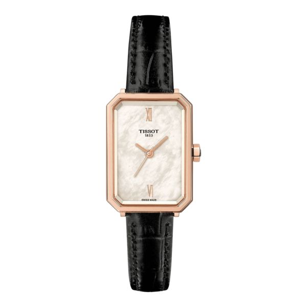 Montre Tissot SRV quartz PVD Or Rose cadran nacre blanche bracelet cuir noir 30 x 21,8 mm