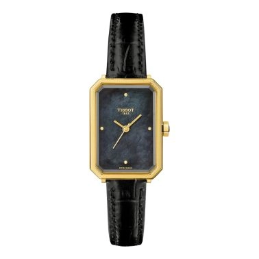 Montre Tissot SRV quartz PVD Or Jaune cadran nacre noire bracelet cuir noir 30 x 21,8 mm