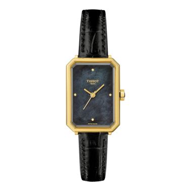 Tissot SRV quartz Yellow Gold PVD black mother-of-pearl dial black leather strap 30 x 21,8 mm
