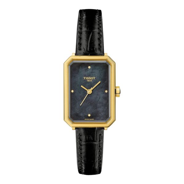 Tissot SRV quartz Yellow Gold PVD black mother-of-pearl dial black leather strap 30 x 21,8 mm