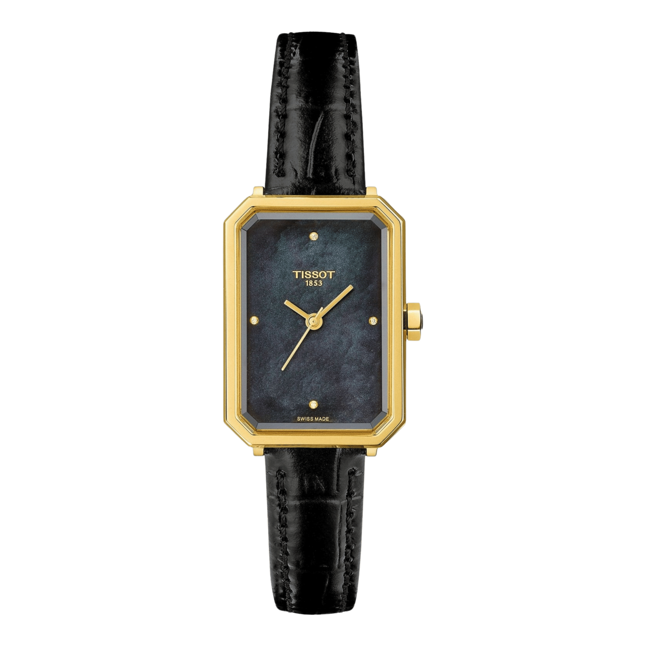 Tissot SRV quartz Yellow Gold PVD black mother-of-pearl dial black leather strap 30 x 21,8 mm