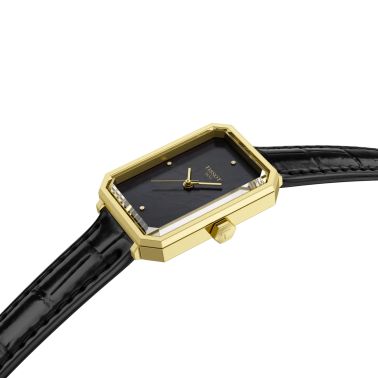 Tissot SRV quartz Yellow Gold PVD black mother-of-pearl dial black leather strap 30 x 21,8 mm