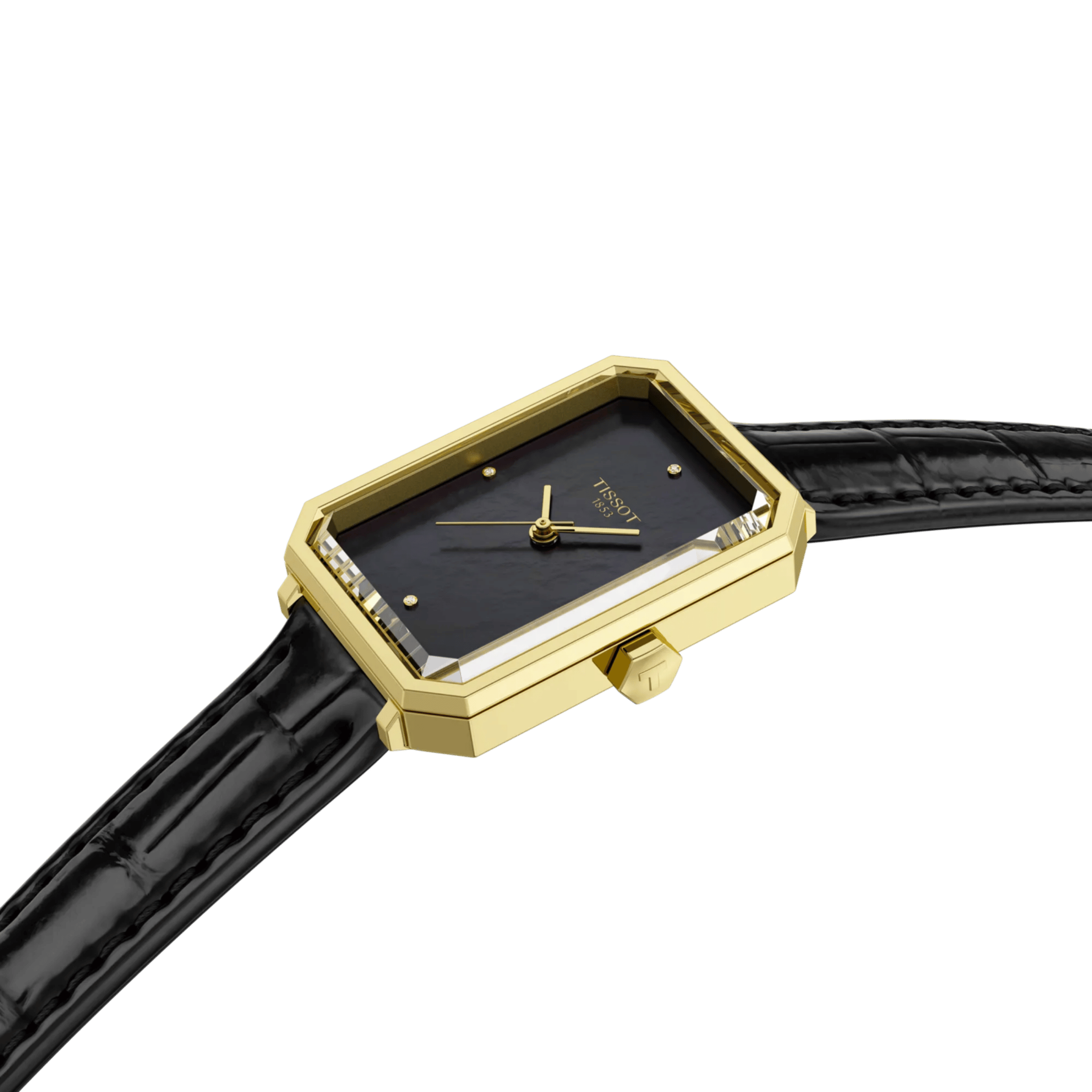 Tissot SRV quartz Yellow Gold PVD black mother-of-pearl dial black leather strap 30 x 21,8 mm