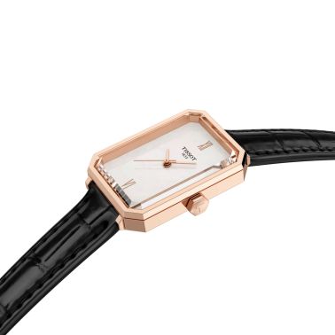 Tissot SRV quartz Rose Gold PVD white mother-of-pearl dial black leather strap 30 x 21,8 mm
