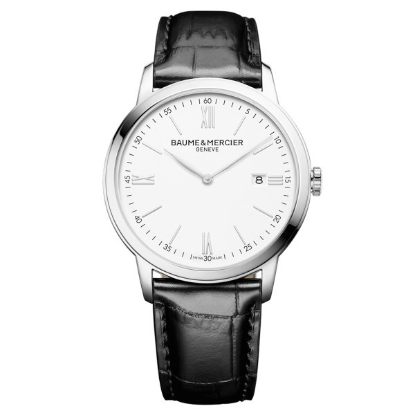 Montre Baume et Mercier Classima quartz cadran blanc chiffres romains bracelet cuir veau noir 42 mm