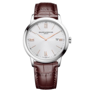 Montre Baume et Mercier Classima quartz cadran argenté bracelet cuir veau brun 42 mm