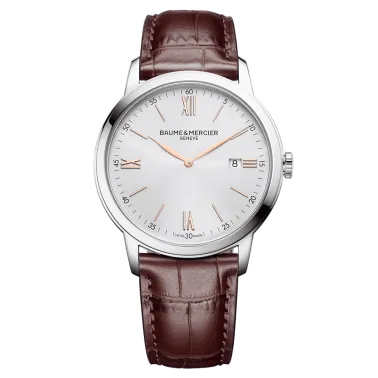Montre Baume et Mercier Classima quartz cadran argenté bracelet cuir veau brun 42 mm