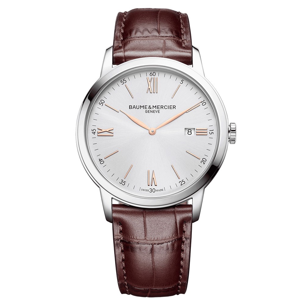 Montre Baume et Mercier Classima quartz cadran argenté bracelet cuir veau brun 42 mm