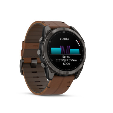 Montre Garmin Fénix 8 Pro AMOLED Sapphire Titane Carbon Gray DLC bracelet cuir marron et silicone noir 51 mm