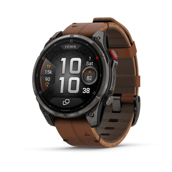 Montre Garmin Fénix 8 Pro AMOLED Sapphire Titane Carbon Gray DLC bracelet cuir marron et silicone noir 47 mm