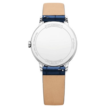 Montre Baume et Mercier Classima quartz cadran blanc bracelet cuir veau bleu 31 mm 10353