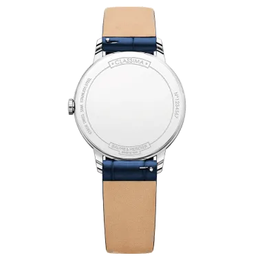 Montre Baume et Mercier Classima quartz cadran blanc bracelet cuir veau bleu 31 mm 10353