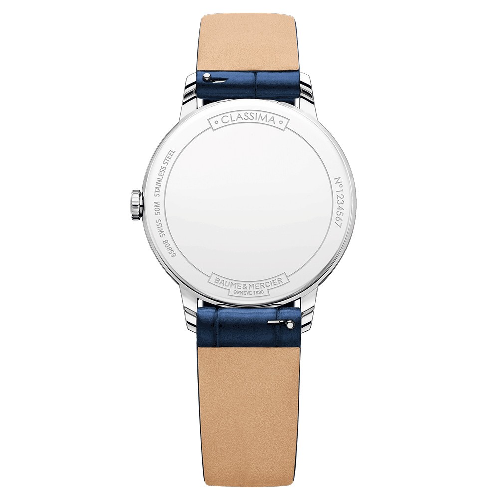 Montre Baume et Mercier Classima quartz cadran blanc bracelet cuir veau bleu 31 mm 10353