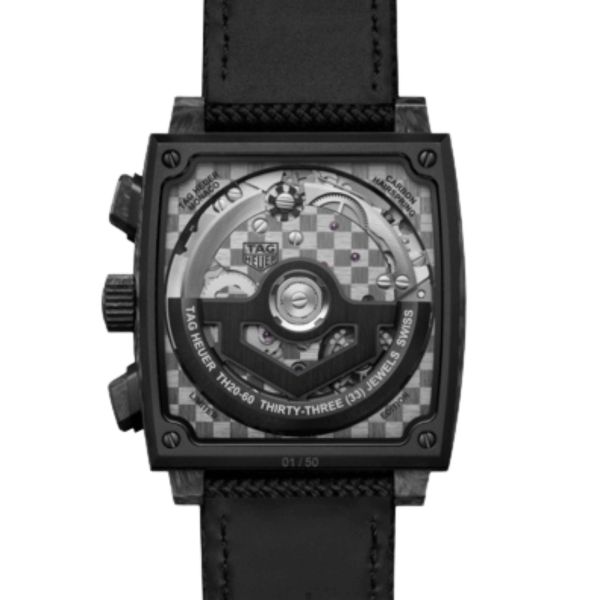 Montre TAG Heuer Monaco Flyback Chronograph TH-Carbonspring automatique cadran noir bracelet caoutchouc 39 mm