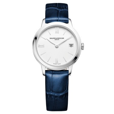 Montre Baume et Mercier Classima quartz cadran blanc bracelet cuir veau bleu 31 mm 10353