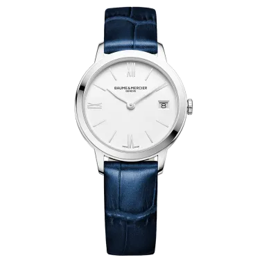 Montre Baume et Mercier Classima quartz cadran blanc bracelet cuir veau bleu 31 mm 10353