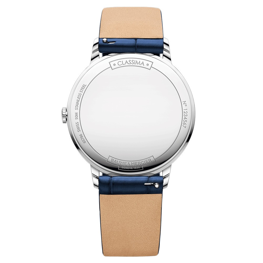 Montre Baume et Mercier Classima quartz cadran blanc bracelet cuir veau bleu 36,5 mm