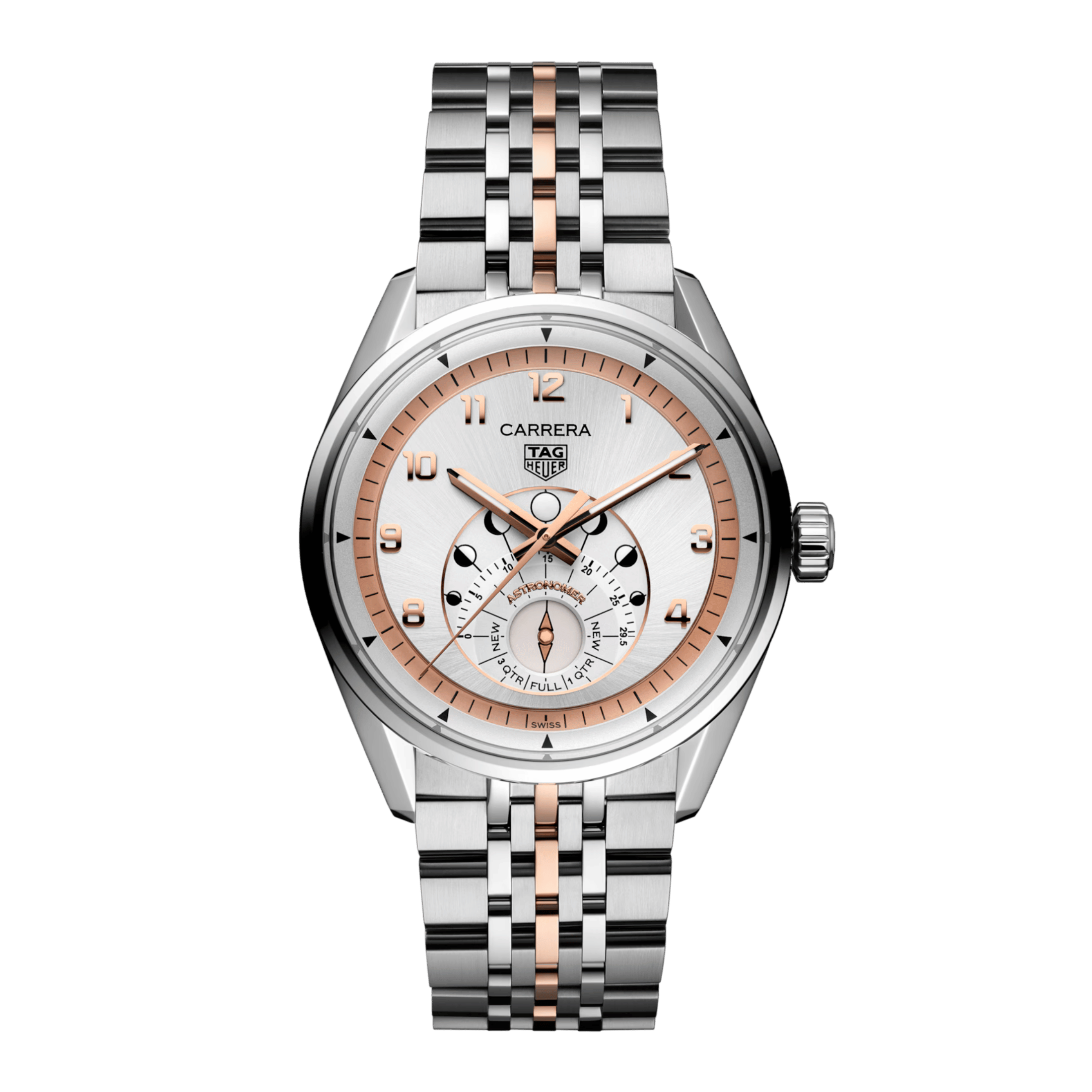 Montre TAG Heuer Carrera Astronomer automatique cadran argenté bracelet acier et or rose 39 mm