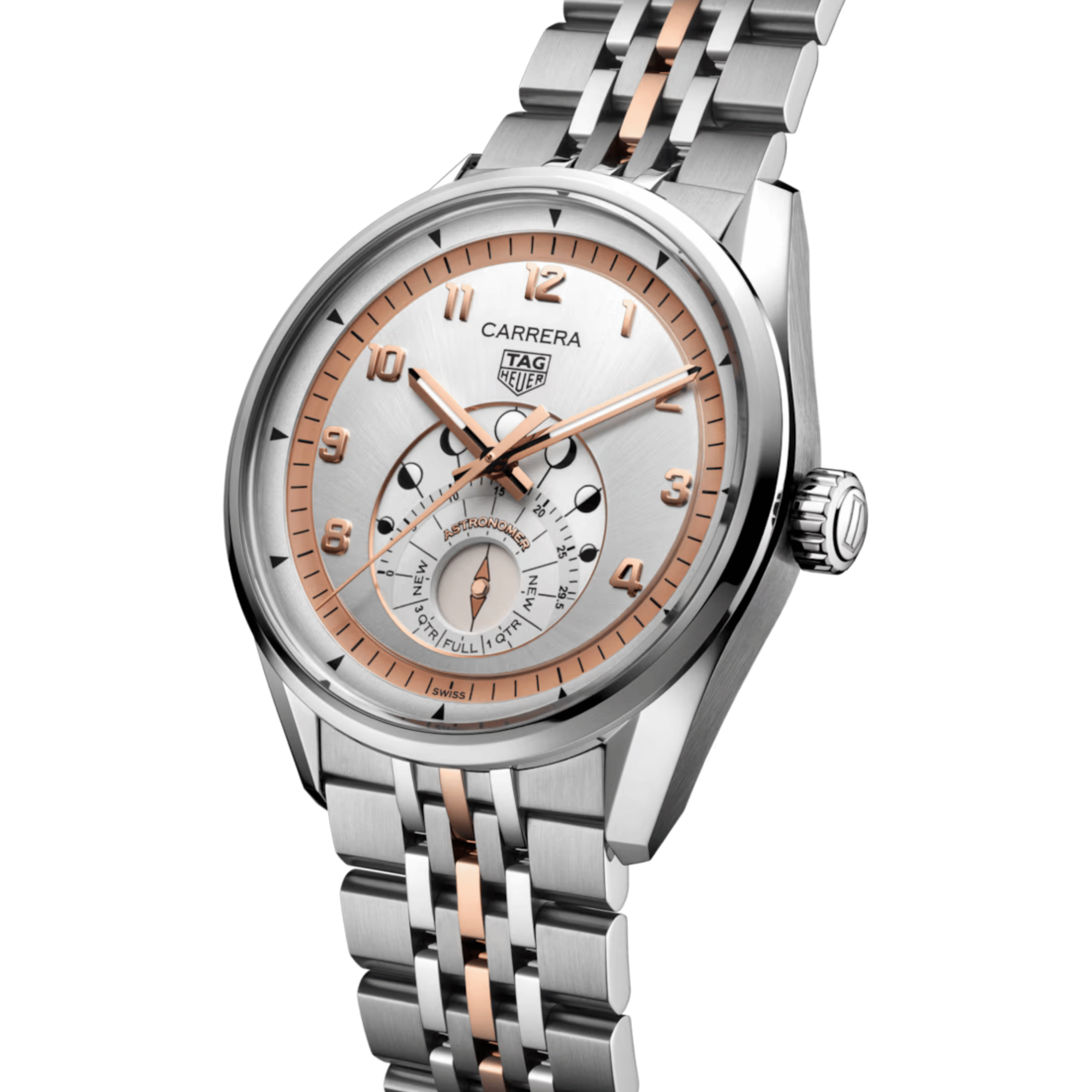 Montre TAG Heuer Carrera Astronomer automatique cadran argenté bracelet acier et or rose 39 mm