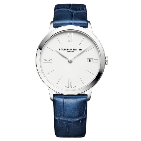 Montre Baume et Mercier Classima quartz cadran blanc bracelet cuir veau bleu 36,5 mm