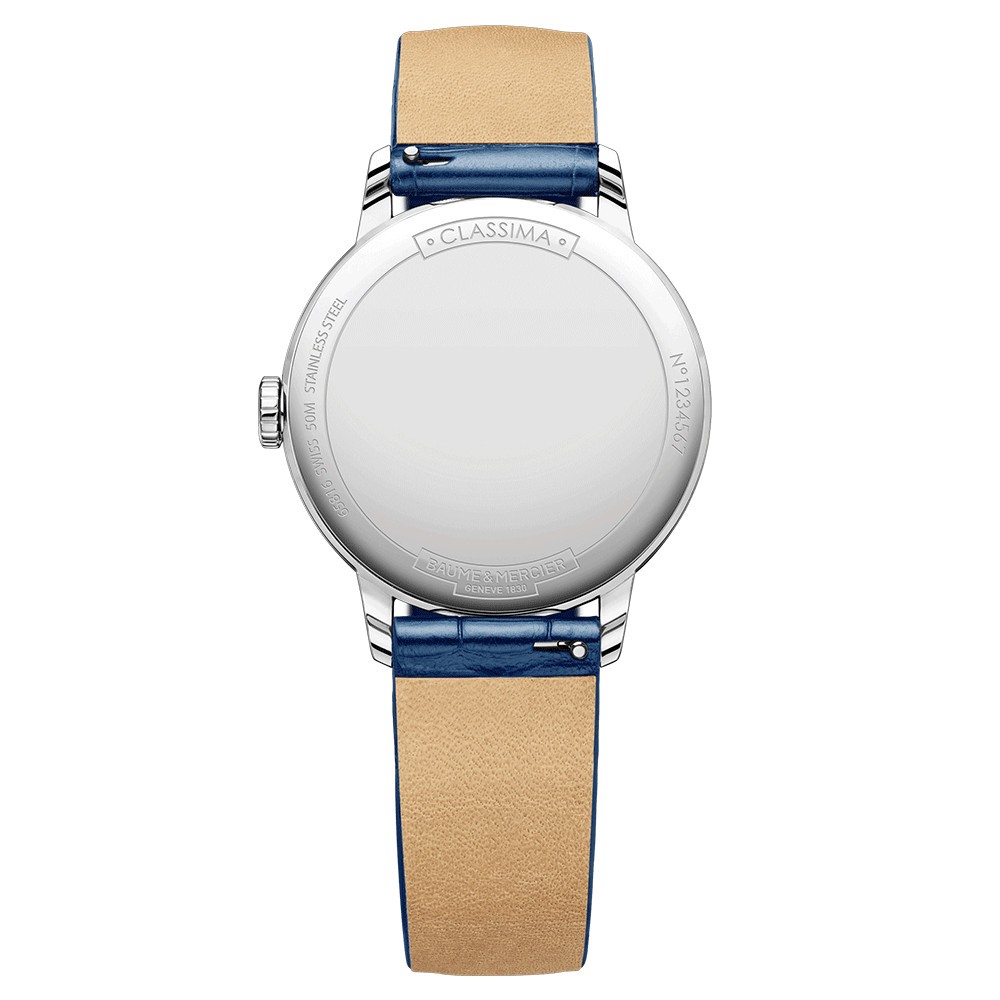 Montre Baume et Mercier Classima quartz cadran argenté bracelet cuir bleu 31 mm