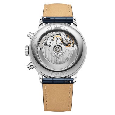 Montre Baume et Mercier Classima automatique chronographe cadran argenté bracelet cuir alligator bleu 42 mm