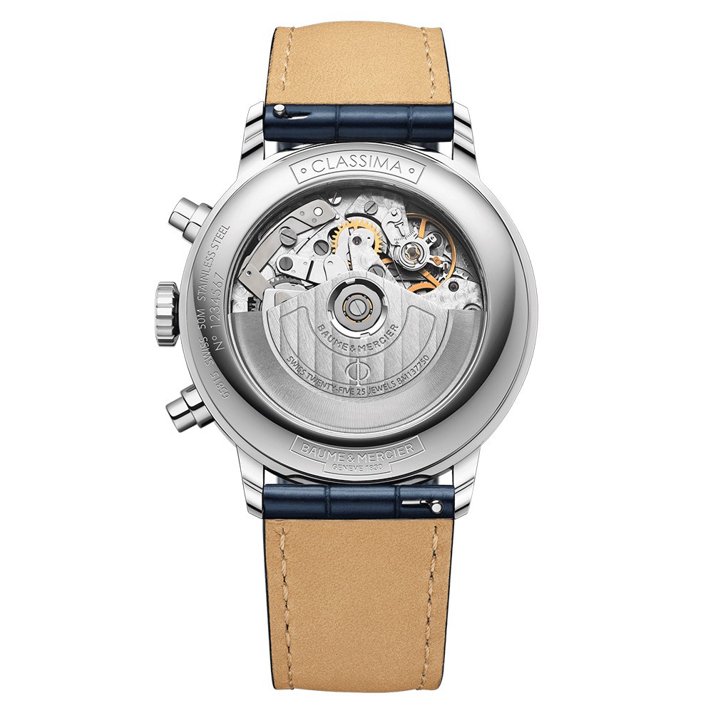 Montre Baume et Mercier Classima automatique chronographe cadran argenté bracelet cuir alligator bleu 42 mm