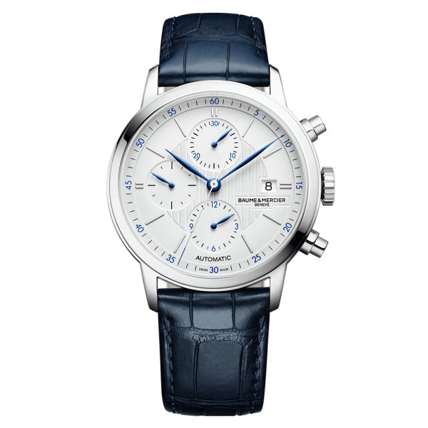 Montre Baume et Mercier Classima automatique chronographe cadran argenté bracelet cuir alligator bleu 42 mm