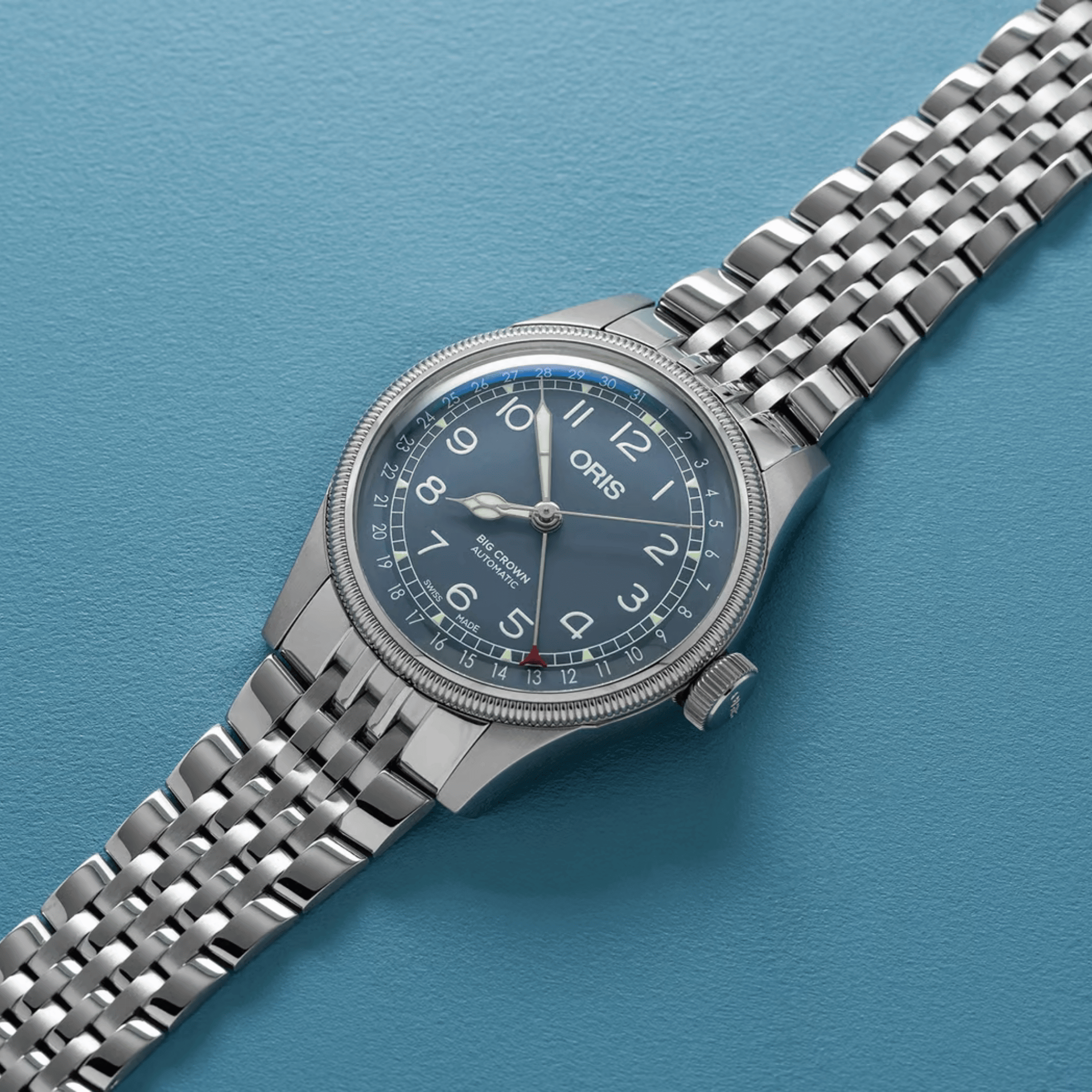 Montre Oris Big Crown Pointer Date cadran bleu bracelet acier 40 mm