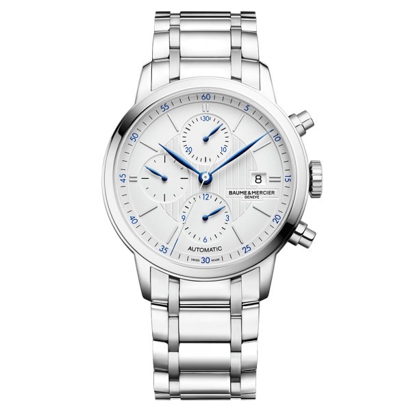 Montre Baume et Mercier Classima automatique chronographe cadran argenté bracelet acier 42 mm
