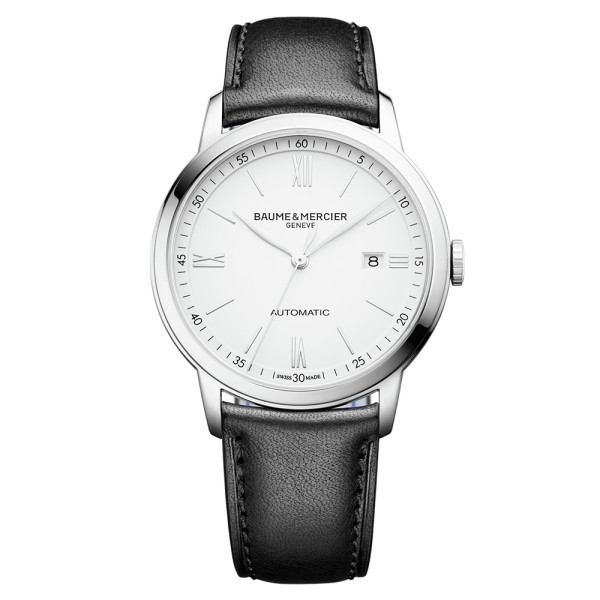 Montre Baume et Mercier Classima automatique cadran blanc bracelet cuir veau noir 42 mm