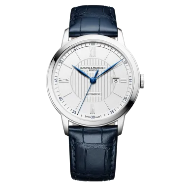 Montre Baume et Mercier Classima automatique cadran argenté bracelet cuir alligator bleu nuit 42 mm 10333