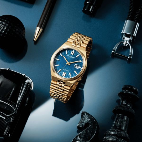 Montre Citizen Tsuyosa 60 automatique cadran bleu cendré bracelet acier PVD or rose 40 mm