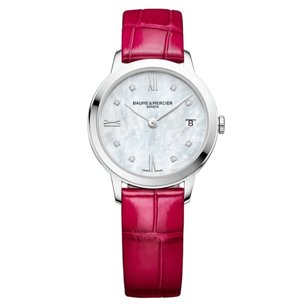 Montre Baume et Mercier Classima quartz cadran nacre bracelet cuir alligator fuschia 31 mm