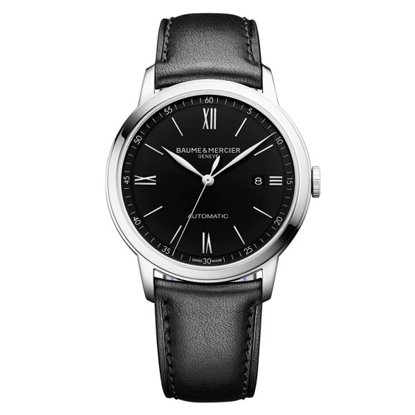 Montre Baume et Mercier Classima automatique cadran noir bracelet cuir veau noir 42 mm