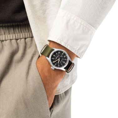 Hamilton Khaki Field Power Reserve mechanical watch with black dial and khaki NATO strap, 40 mm