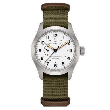 Montre Hamilton Khaki Field Power Reserve mécanique cadran blanc bracelet NATO kaki 40 mm