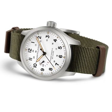 Hamilton Khaki Field Power Reserve mechanical watch with white dial and khaki NATO strap, 40 mm