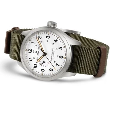 Hamilton Khaki Field Power Reserve mechanical watch with white dial and khaki NATO strap, 40 mm