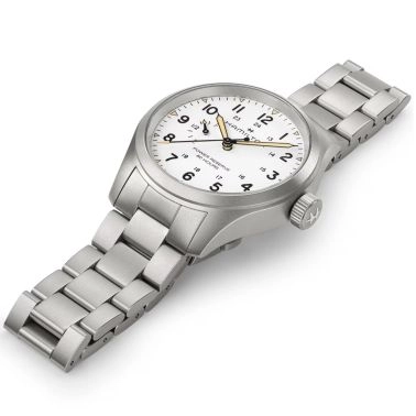 Hamilton Khaki Field Power Reserve mechanical watch with white dial and 40 mm steel bracelet