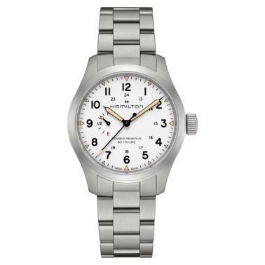 Hamilton Khaki Field Power Reserve mechanical watch with white dial and 40 mm steel bracelet