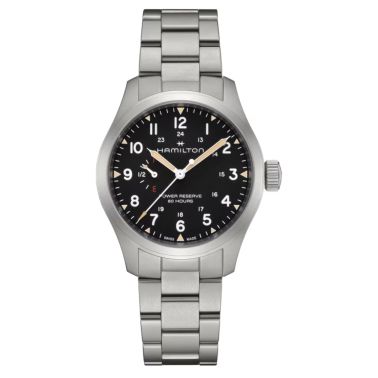 Hamilton Khaki Field Power Reserve mechanical watch with black dial and 40 mm steel bracelet