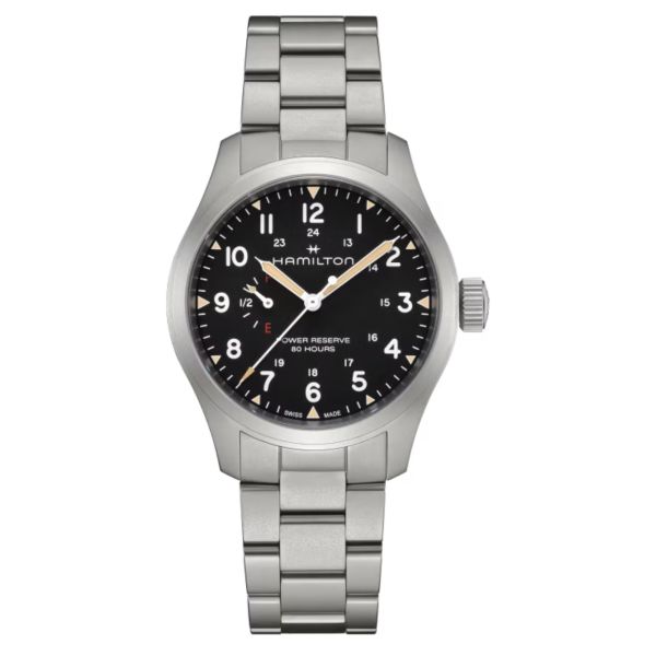 Hamilton Khaki Field Power Reserve mechanical watch with black dial and 40 mm steel bracelet