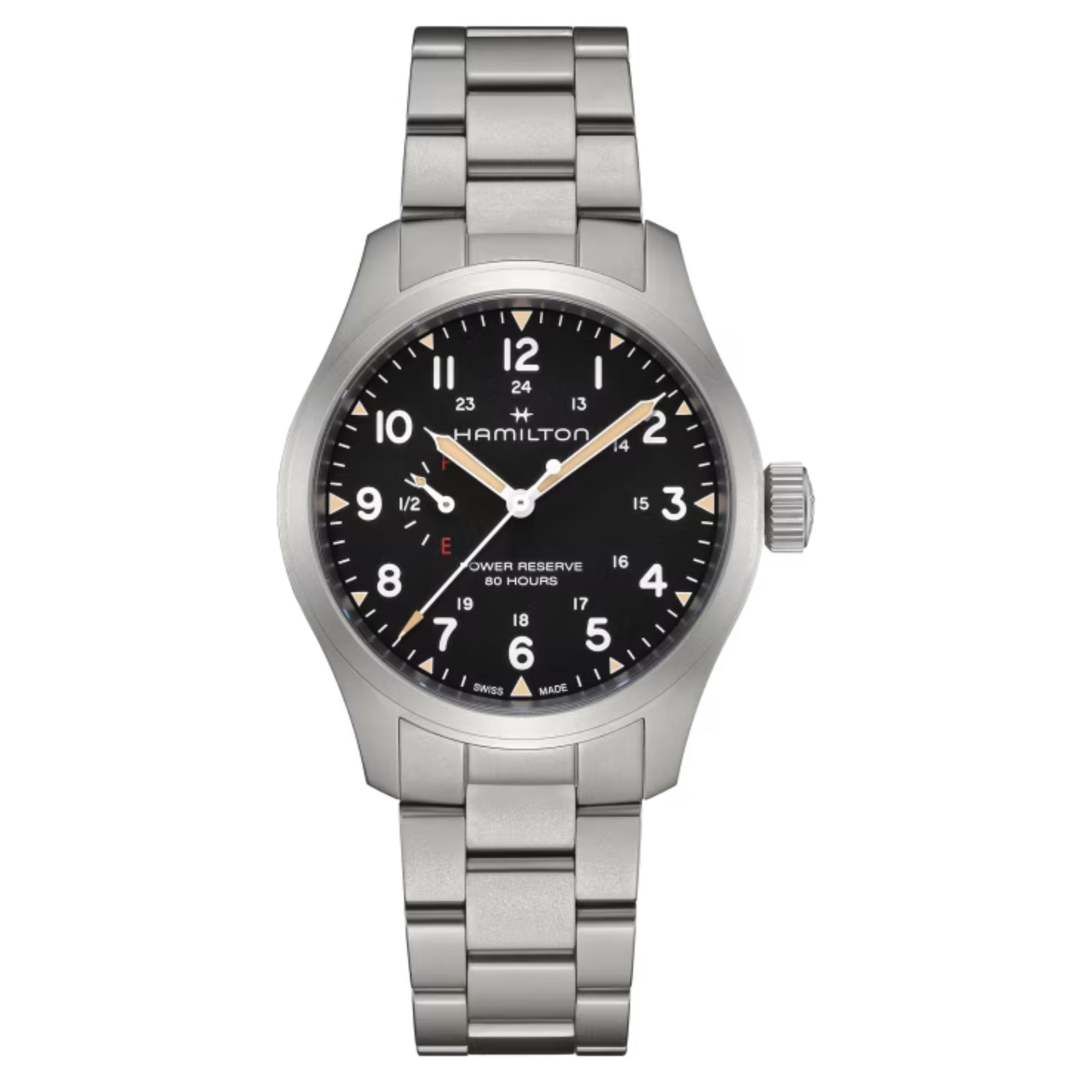 Hamilton Khaki Field Power Reserve mechanical watch with black dial and 40 mm steel bracelet