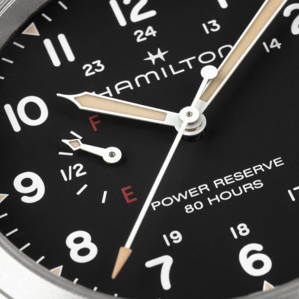 Hamilton Khaki Field Power Reserve mechanical watch with black dial and 40 mm steel bracelet